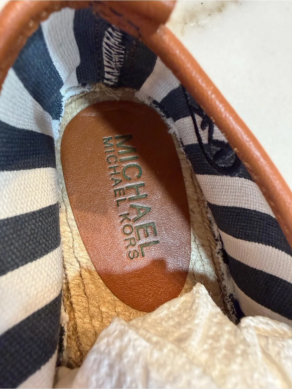 Michael Kors Black and White Striped Espadrille Insole with Tan Trim